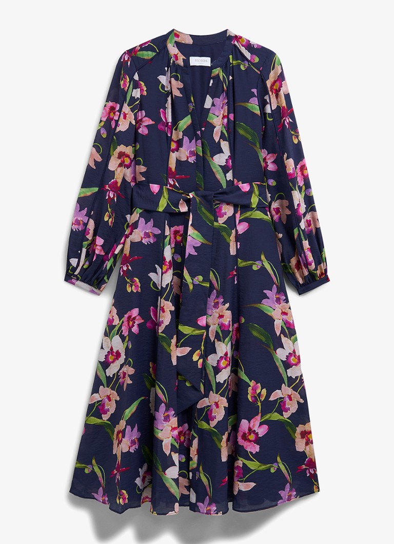 Hobbs Dames Pippa blousejurk met strikceintuur en bloemenprint in de kleur Donkerblauw