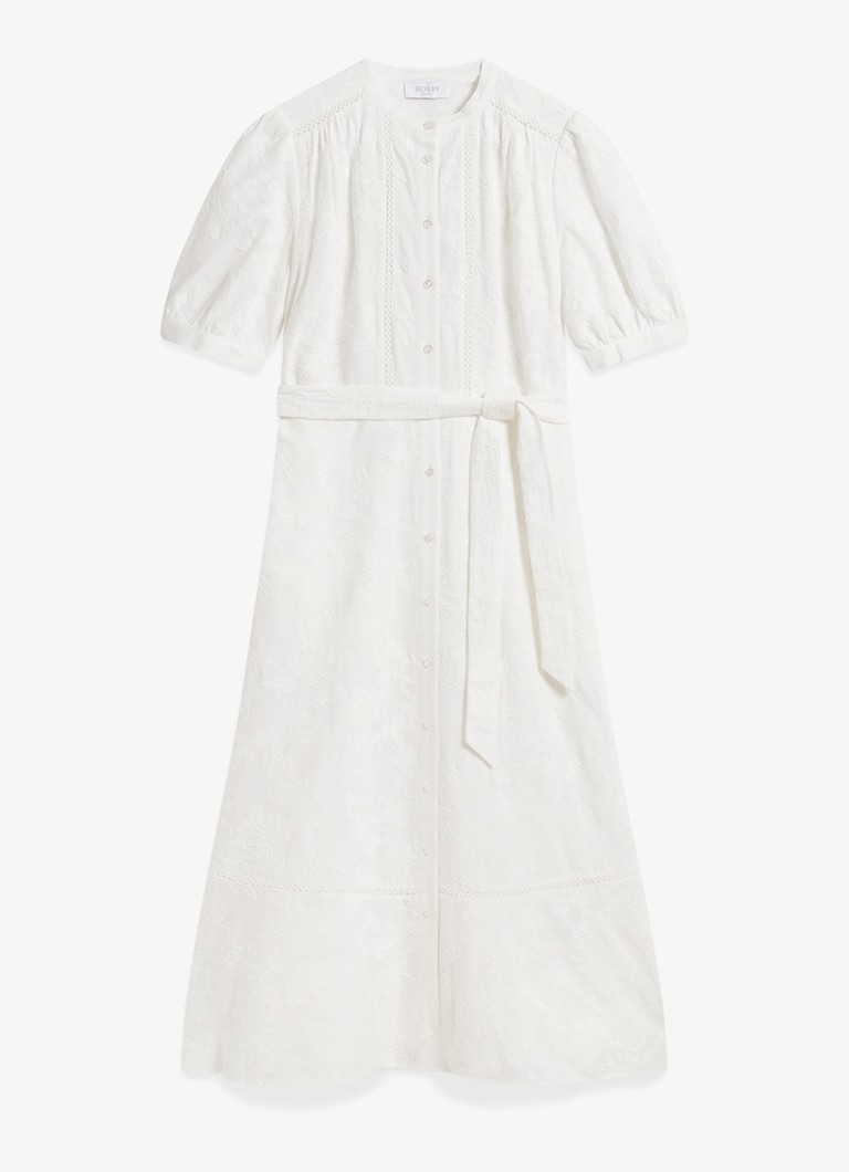 Hobbs Dames Amani midi jurk met borduring en strikceintuur in de kleur Wit