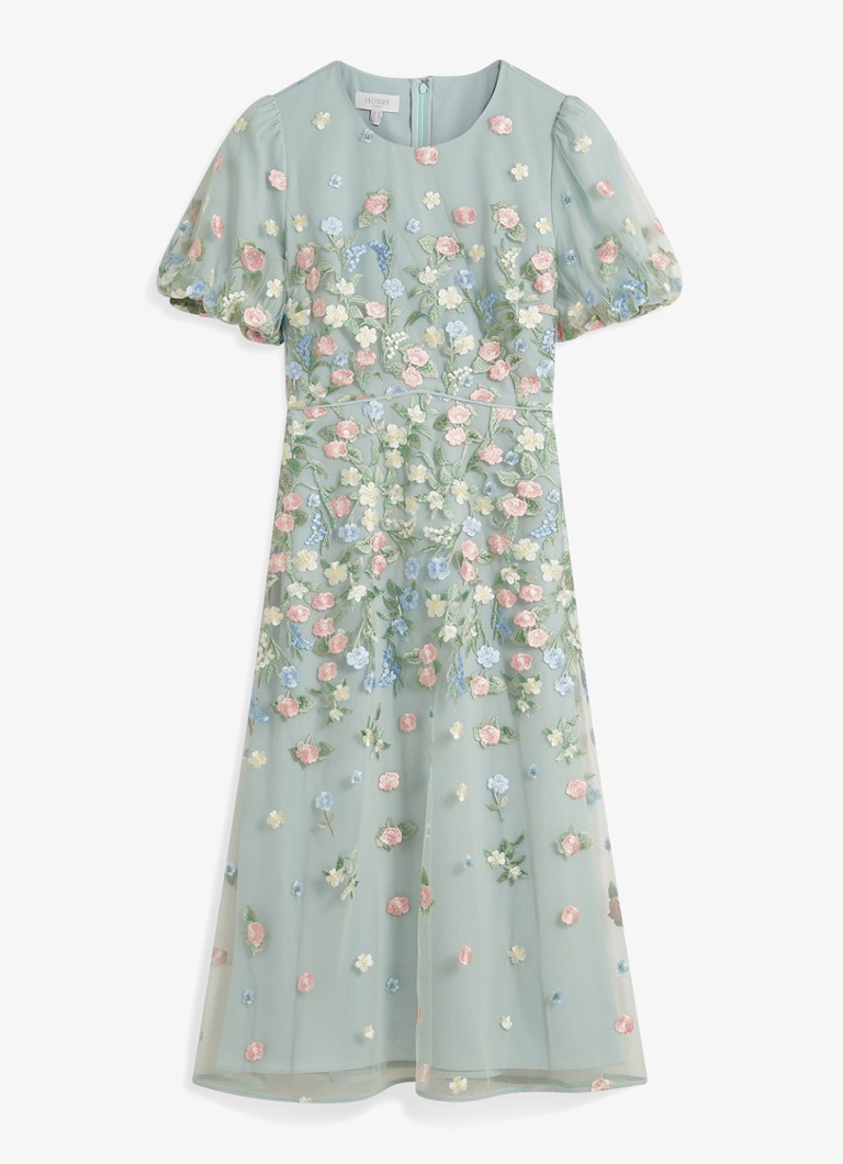 Hobbs Dames Audra midi jurk met bloemborduring en pofmouw in de kleur Lichtgroen