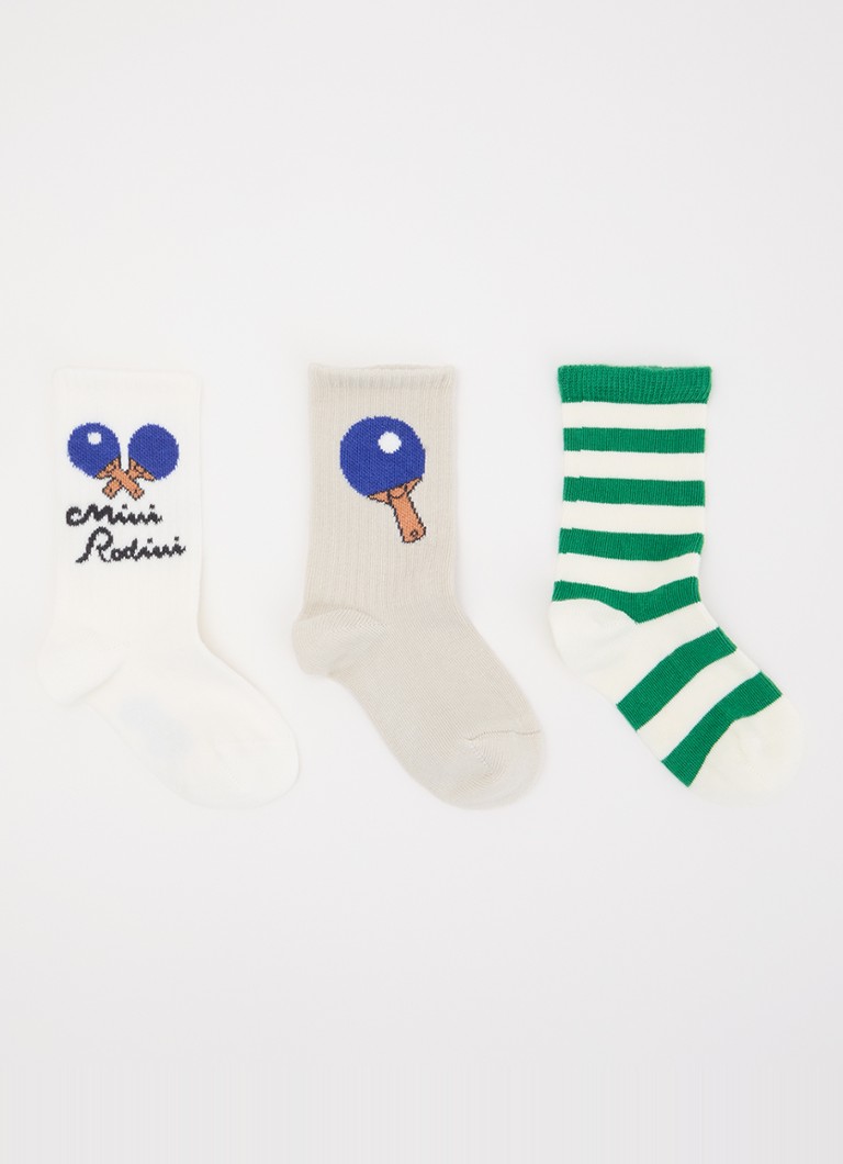 Mini Rodini Jongens Table Tennis sokken in katoenblend met print in 3-pack in de kleur Gebroken wit, maat: 16/19