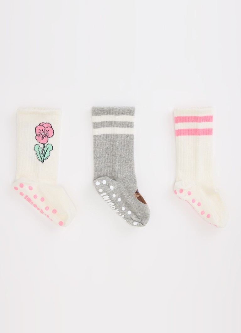 Mini Rodini Meisjes Elephant Shrew sokken met anti-slip in 3-pack in de kleur Gebroken wit, maat: 20/23