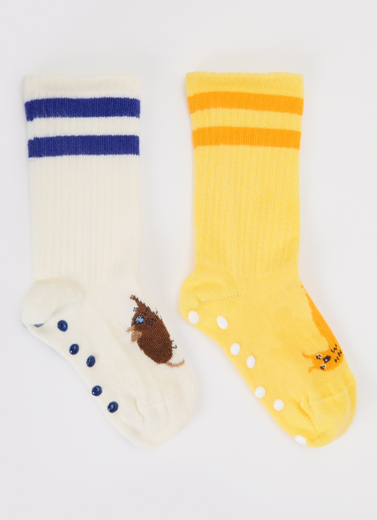 Mini Rodini Meisjes Velvet Worm sokken met print en anti-slip in 2-pack in de kleur Geel, maat: 20/23