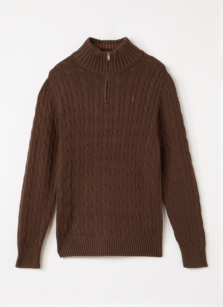 Ralph Lauren Jongens Kabelgebreide trui met halve rits in de kleur Lichtbruin, maat: XL=164