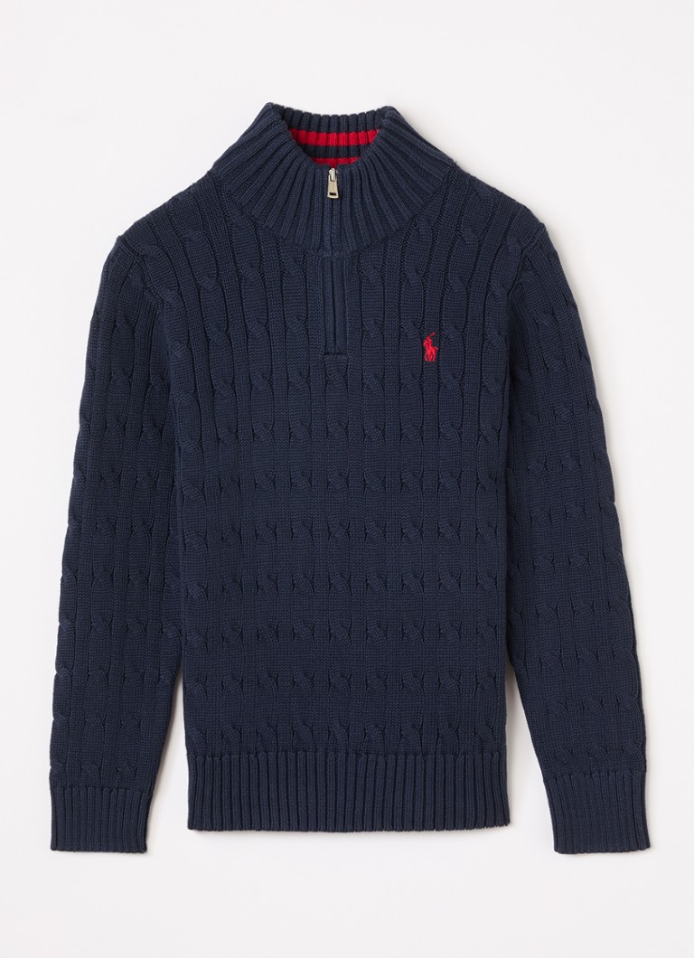 Ralph Lauren Jongens Kabelgebreide trui met halve rits in de kleur Donkerblauw, maat: 152=L