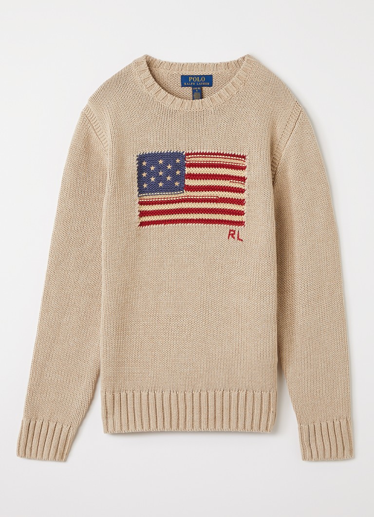 Ralph Lauren Jongens Grofgebreide trui met ingebreide print in de kleur Beige, maat: M=140