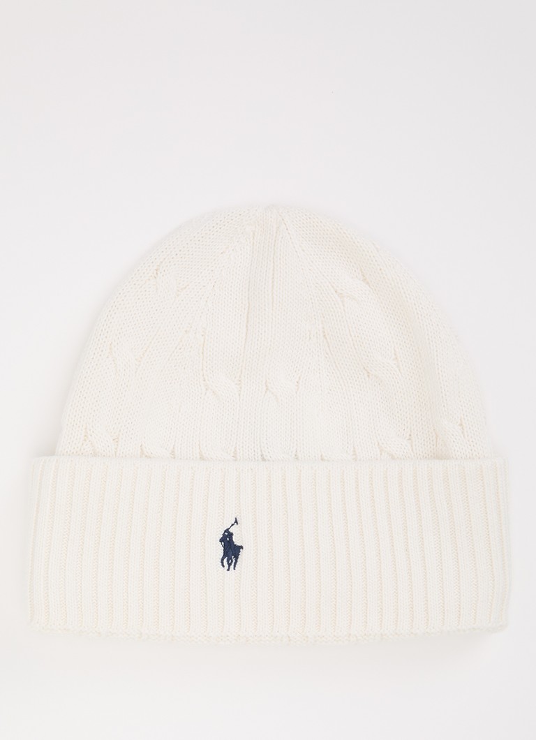Ralph Lauren Jongens Ribgebreide muts met logoborduring in de kleur Gebroken wit, maat: L/XL=164