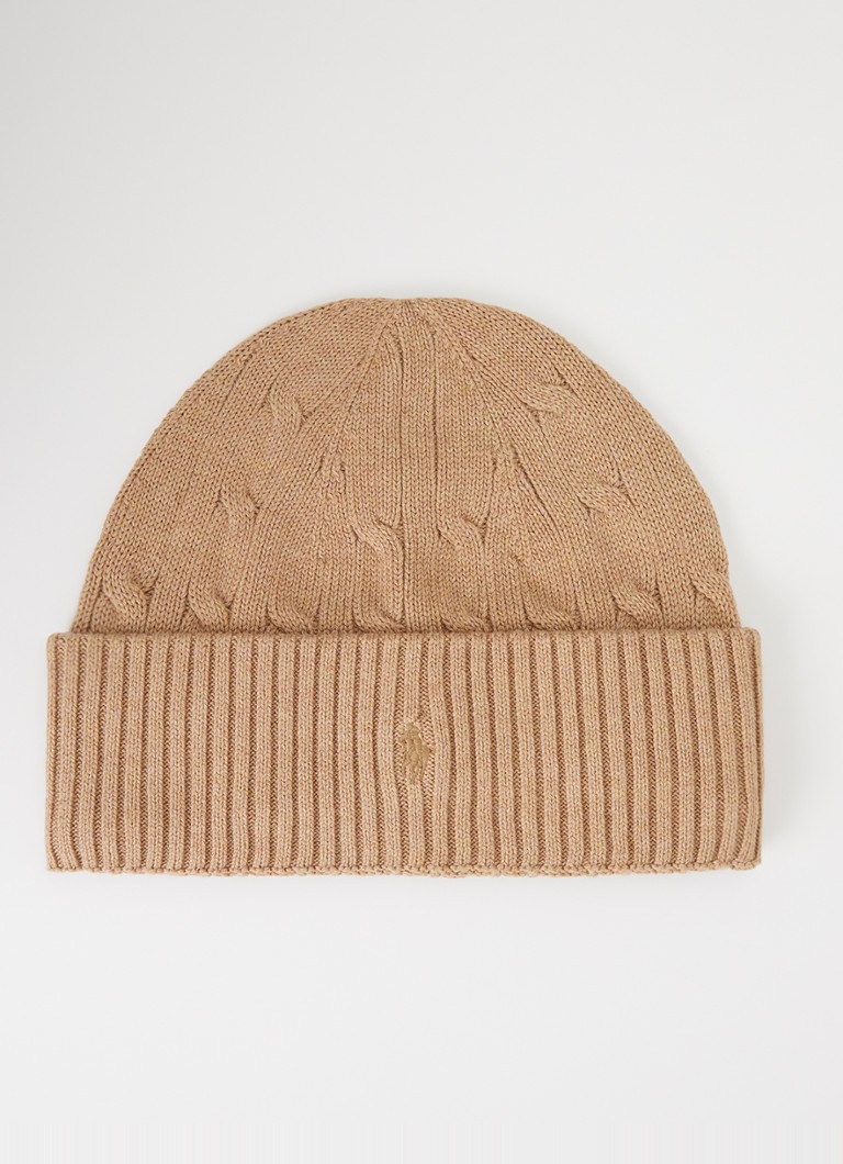 Ralph Lauren Jongens Ribgebreide muts met logoborduring in de kleur Camel, maat: S/M=140