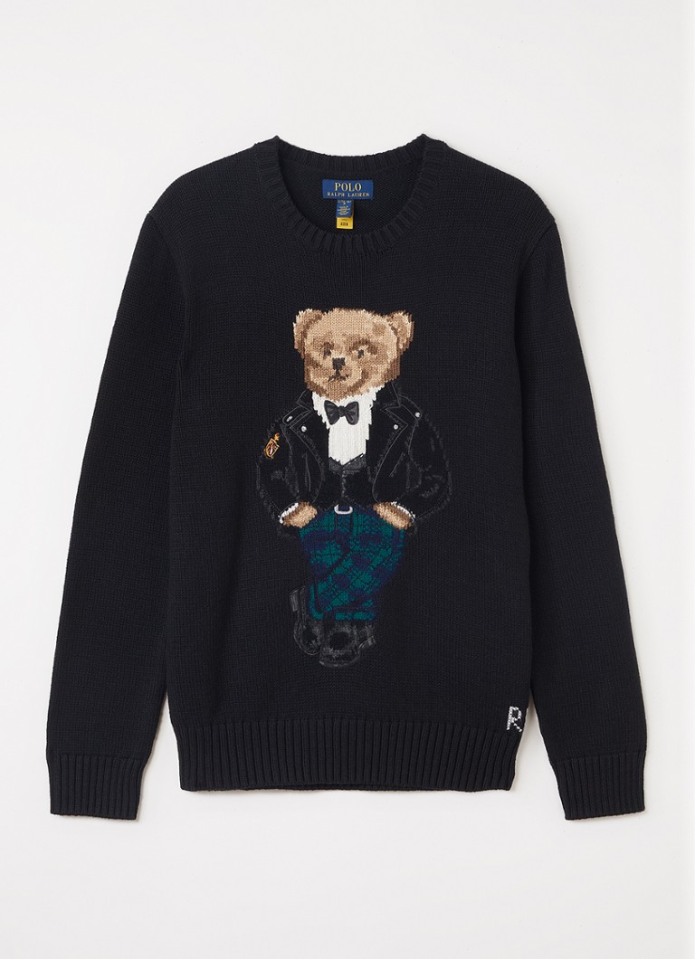 Ralph Lauren Jongens Grofgebreide trui met ingebreide logoprint in de kleur Zwart, maat: M=140