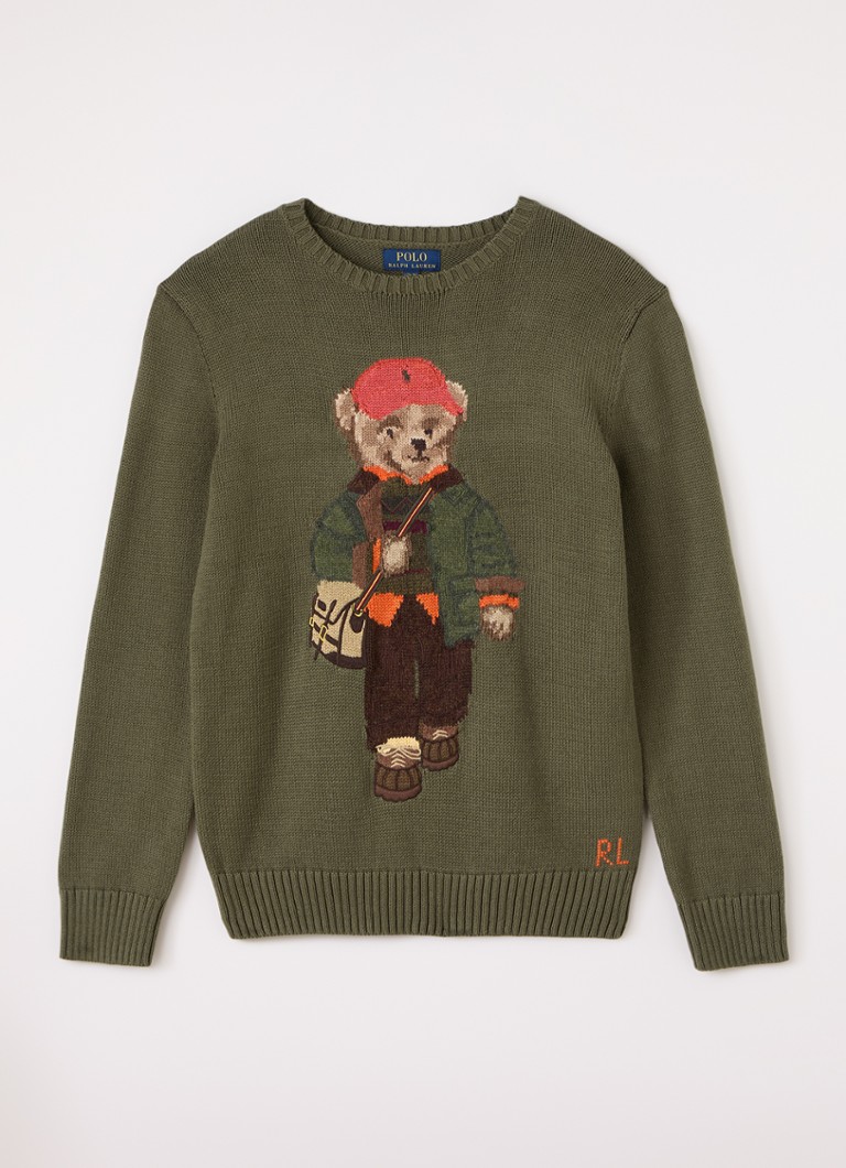 Ralph Lauren Jongens Grofgebreide trui met ingebreide logoprint in de kleur Olijfgroen, maat: S=128