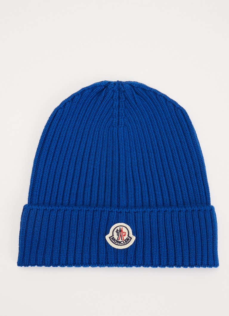 Moncler Jongens Classic ribgebreide muts van wol met logo in de kleur Kobaltblauw, maat: l