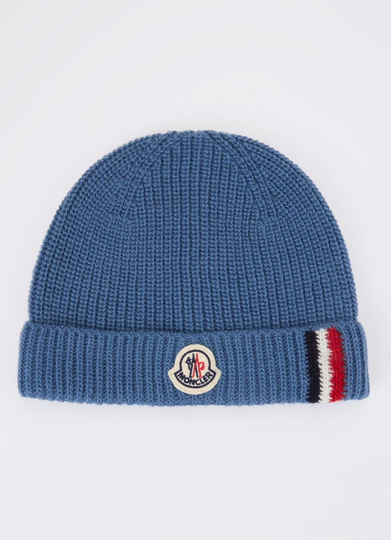 Moncler Jongens Ribgebreide muts van wol met logoborduring in de kleur Blauwgrijs, maat: 3xs