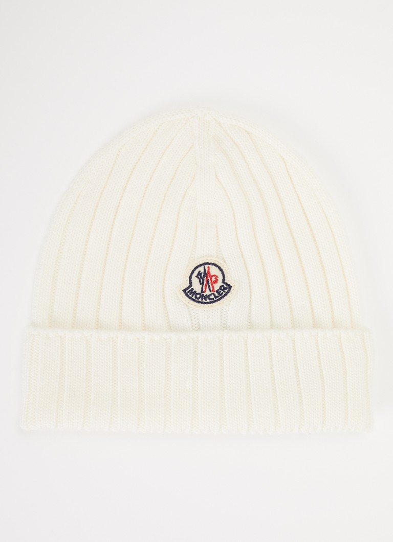Moncler Meisjes Ribgebreide muts van wol met logo in de kleur Ivoor, maat: XXS
