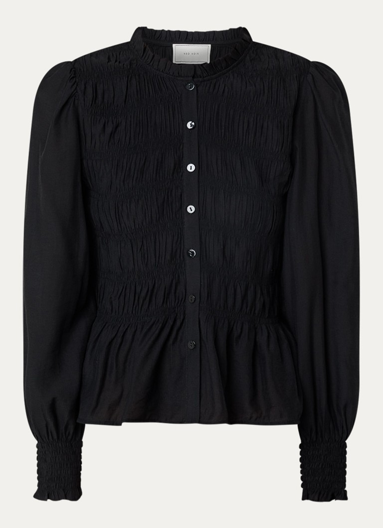 Neo Noir Dames Mocca blouse met smockwerk en ballonmouw in de kleur Zwart, maat: 36