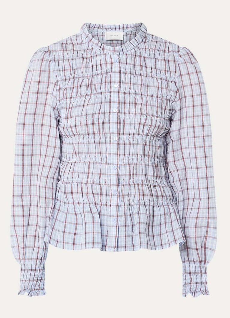 Neo Noir Dames Mocca blouse met smockwerk en ruitdessin in de kleur Lichtblauw, maat: 42