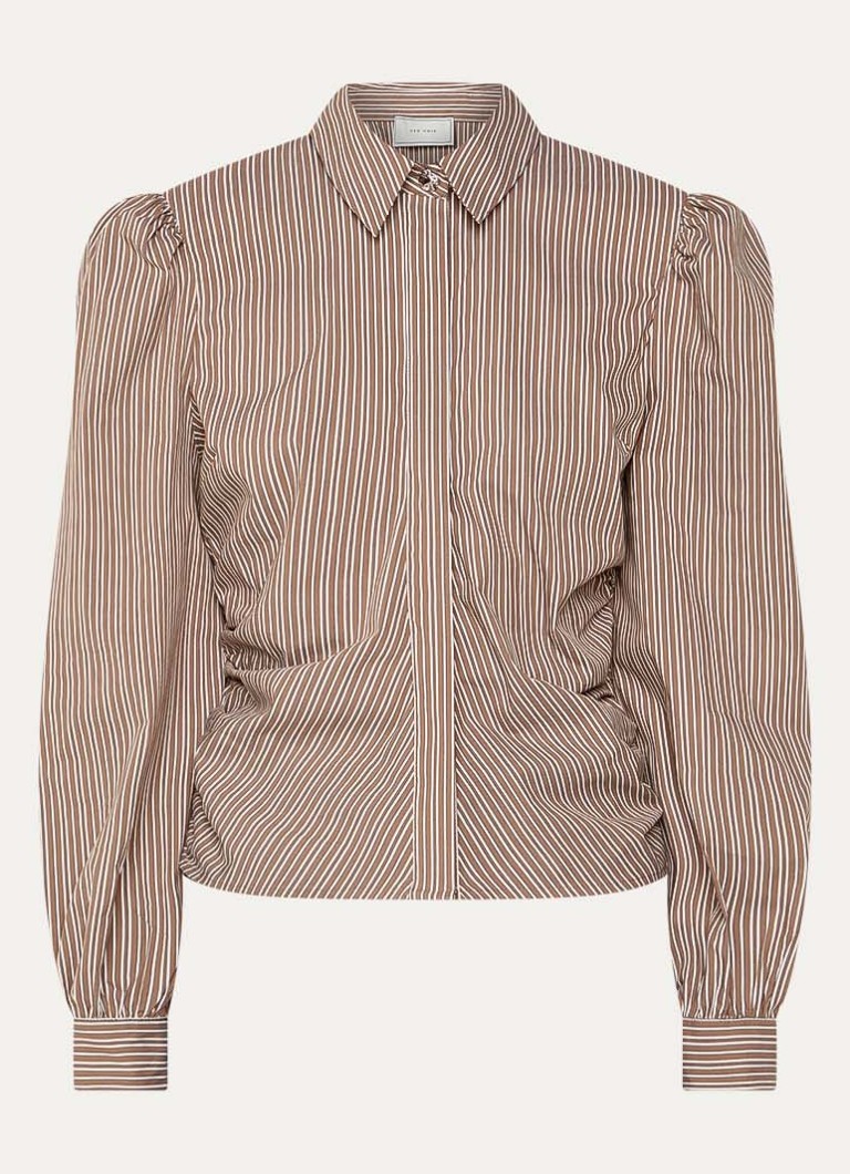 Neo Noir Dames Ritta blouse met smockwerk en streepprint in de kleur Lichtbruin, maat: 36
