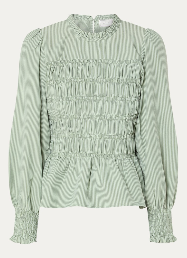 Neo Noir Dames Top met streepprint en smockwerk in de kleur Olijfgroen, maat: 38