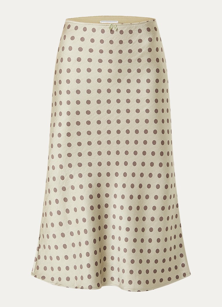 Neo Noir Dames Lola midi rok van satijn met stippenprint in de kleur Olijfgroen, maat: 42