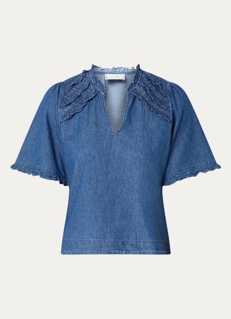 Neo Noir Dames Wendia blouse van chambray met volant in de kleur Indigo, maat: 40