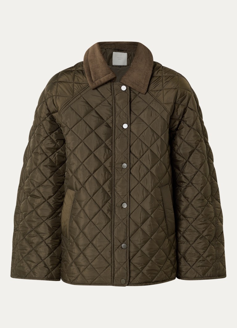 Neo Noir Dames Iva gewatteerd jack met quilt patroon en corduroy details in de kleur Legergroen, maat: 34