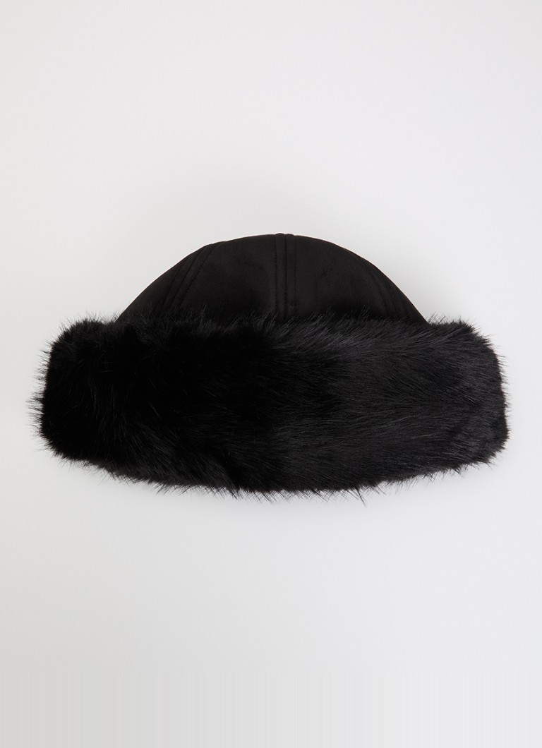 Neo Noir Dames Nappi muts met detail van imitatiebont in de kleur Zwart, maat: ONE SIZE