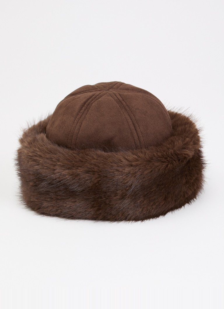 Neo Noir Dames Nappi muts met detail van imitatiebont in de kleur Donkerbruin, maat: ONE SIZE