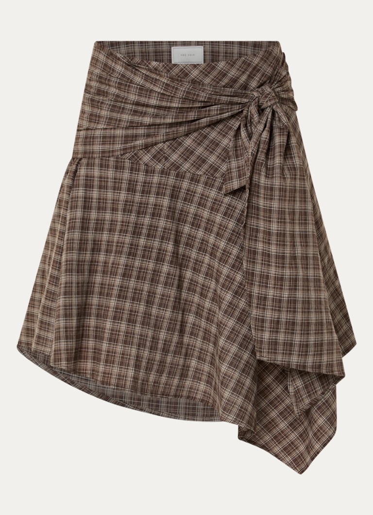 Neo Noir Dames Sabella asymmetrische midi rok met ruitdessin en geknoopt detail in de kleur Lichtbruin, maat: 40