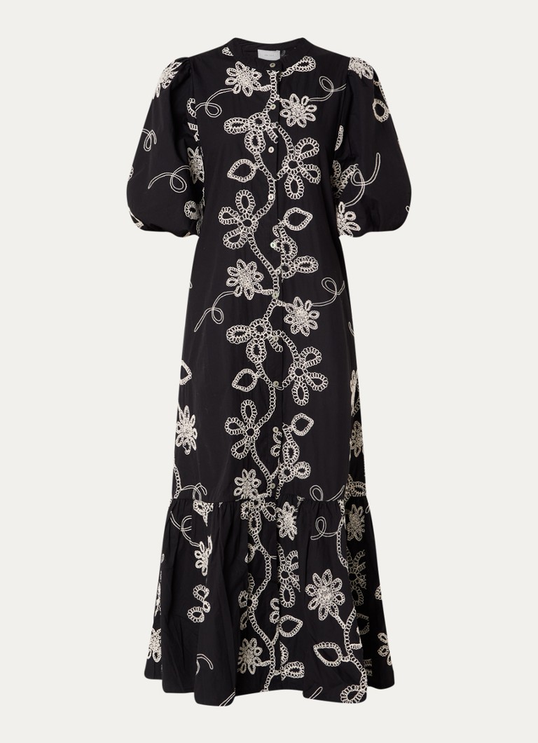 Neo Noir Dames Veronica maxi blousejurk met bloemborduring en pofmouw in de kleur Zwart, maat: 42