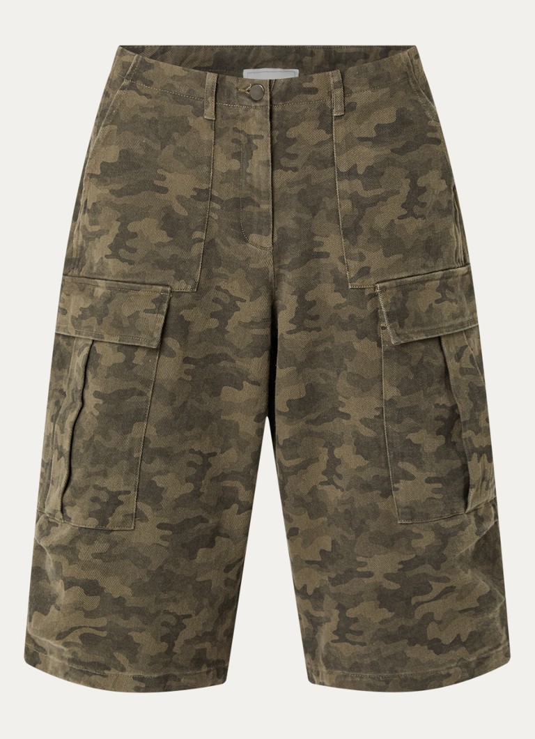 Neo Noir Dames Islana high waist loose fit korte cargobroek met camouflageprint in de kleur Legergroen, maat: 40