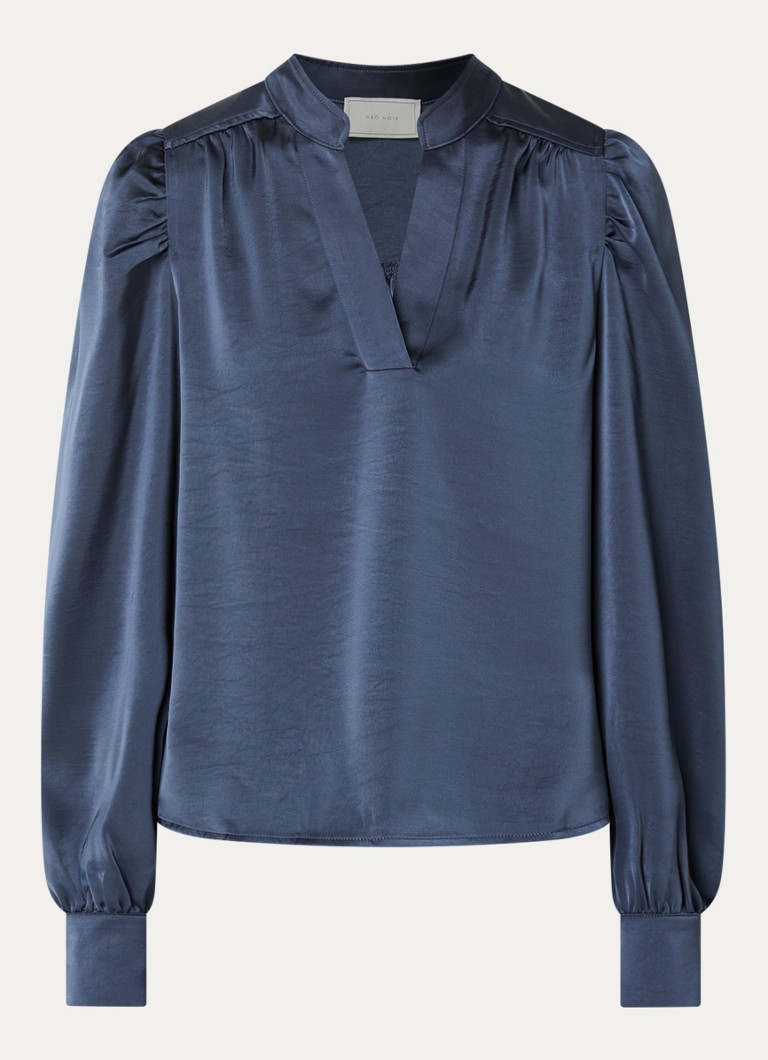 Neo Noir Dames Rosslyn tuniek van satijn met V-hals en pofmouw in de kleur Staalblauw, maat: 34