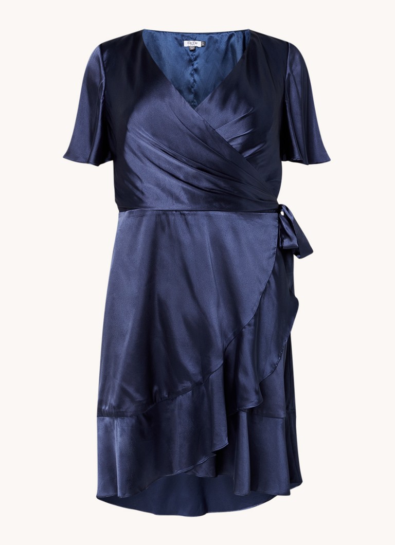 Chi Chi London Dames Mini wikkeljurk van satijn met strikceintuur en volant in de kleur Donkerblauw