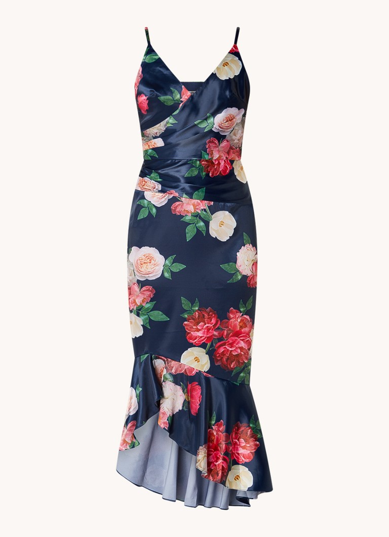 Chi Chi London Dames Midi jurk van satijn met bloemeprint en plooidetail in de kleur Donkerblauw