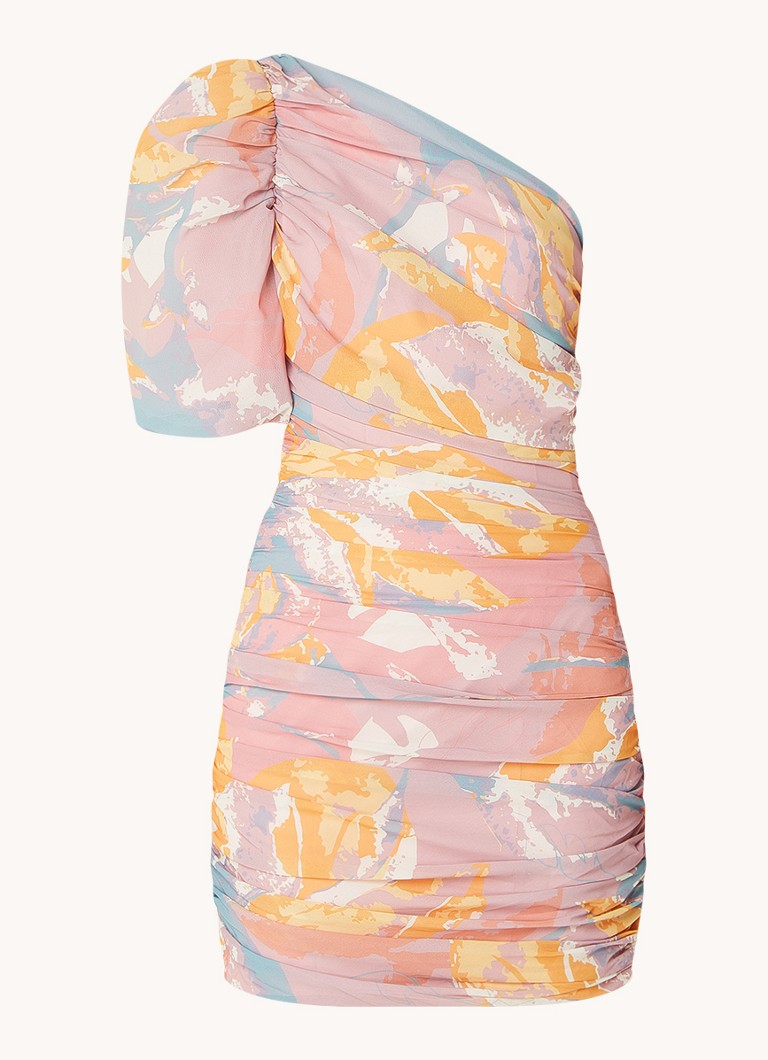 Chi Chi London Dames One shoulder mini jurk met grafische print en pofmouw in de kleur Oudroze