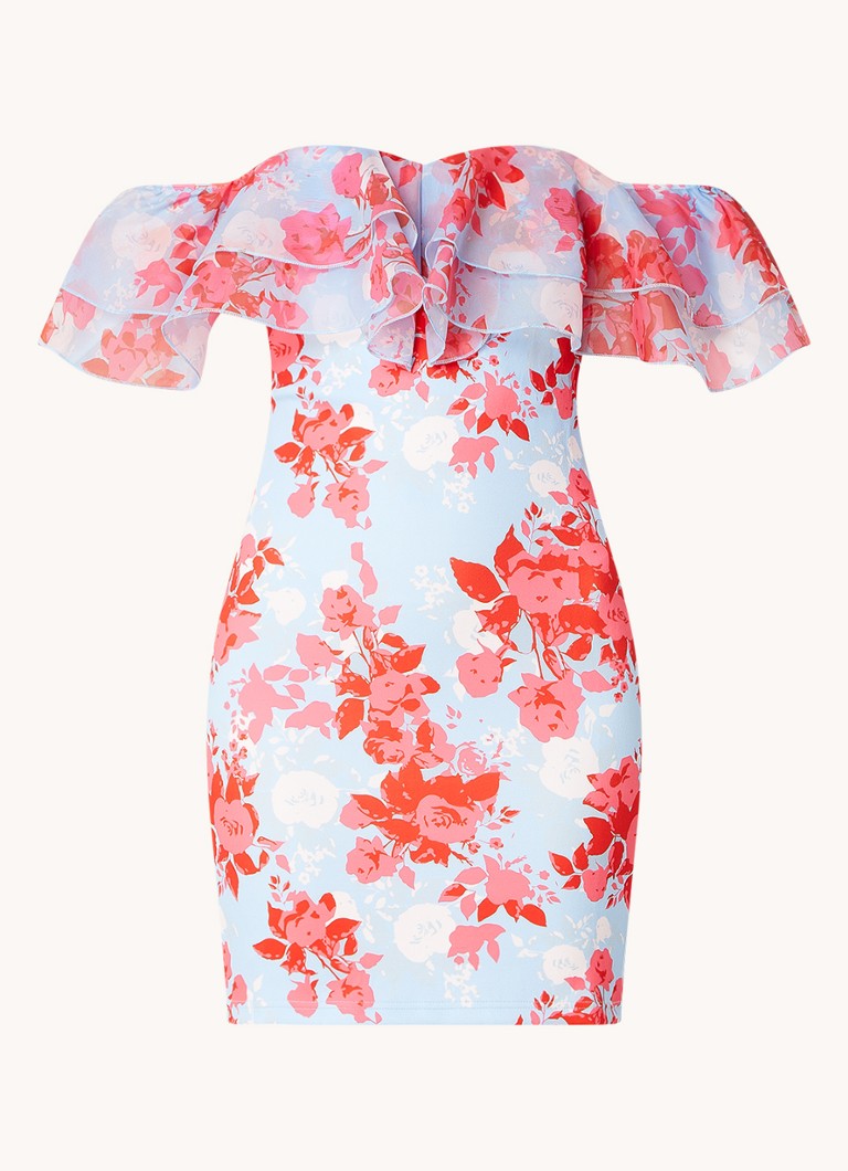 Chi Chi London Dames Mini jurk met volant en bloemenprint in de kleur Lichtblauw