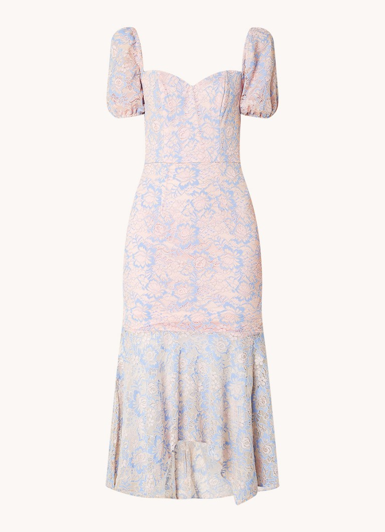 Chi Chi London Dames Midi jurk van kant met pofmouw in de kleur Lichtroze