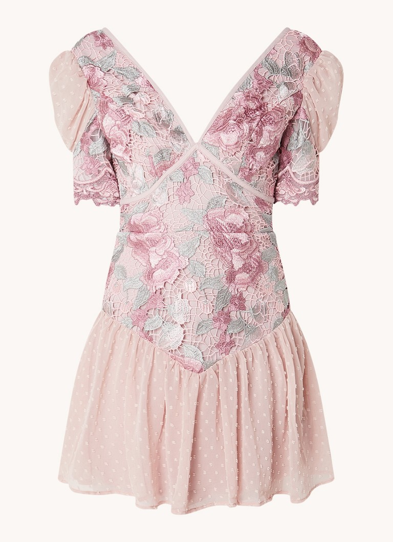 Chi Chi London Dames Mini jurk met broderie en pofmouw in de kleur Oudroze