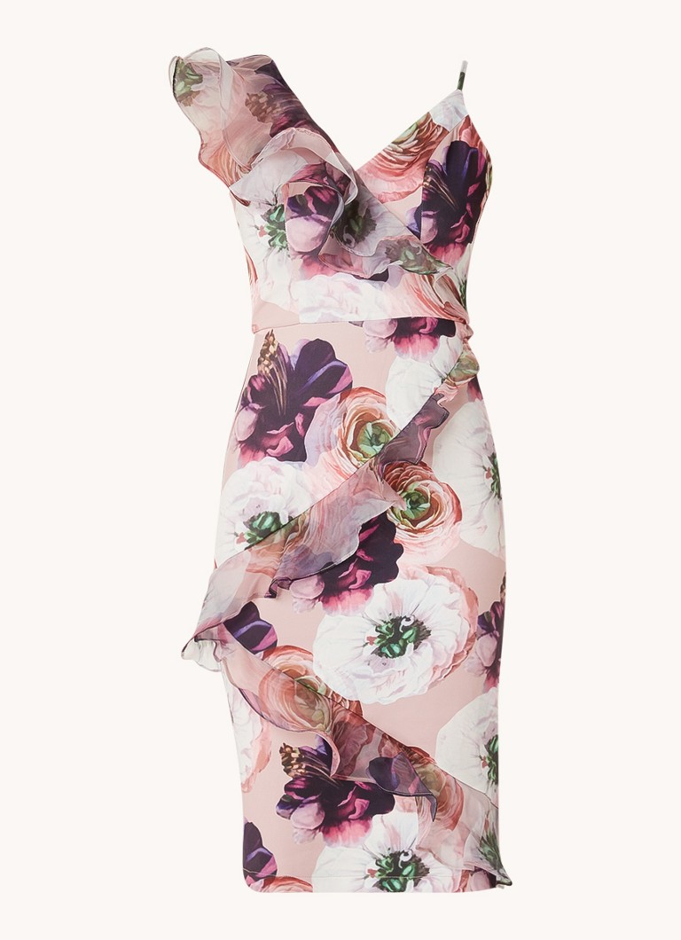 Chi Chi London Dames One shoulder mini jurk met bloemenprint en volant in de kleur Lichtroze