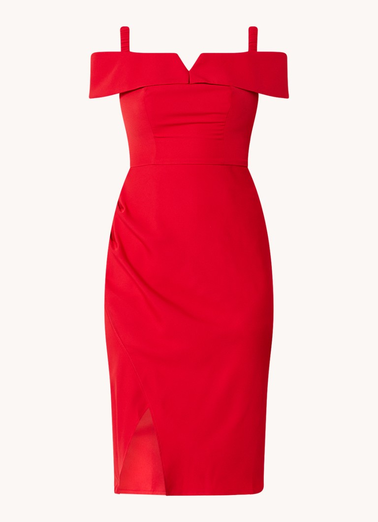 Chi Chi London Dames Bardot off shoulder midi jurk met plooidetail en split in de kleur Rood