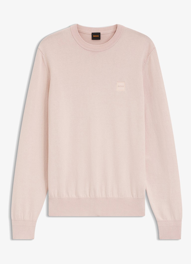 BOSS Heren Gebreide trui van katoen en kasjmier met logolabel in de kleur Open Pink-690 / Roze