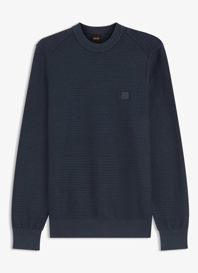 BOSS Heren Gestructureerde met logopatch van katoen en kasjmier in de kleur Dark Blue-406 / Blauw