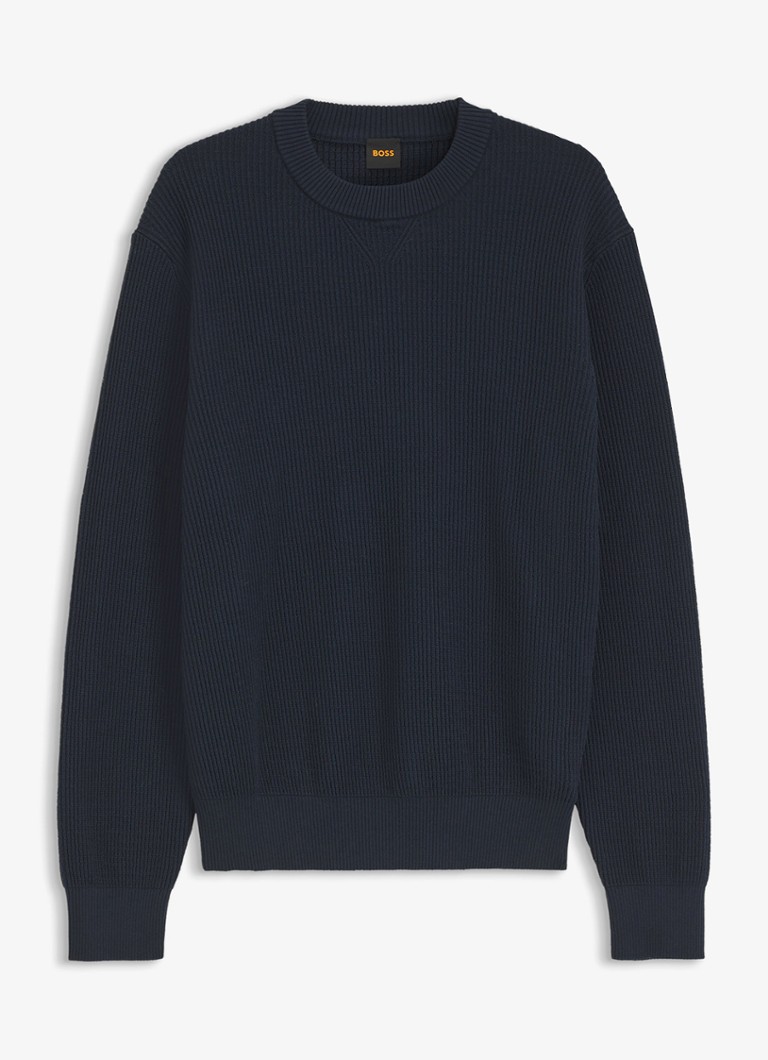 BOSS Heren Ribgebreide trui met structuur in de kleur Blauw
