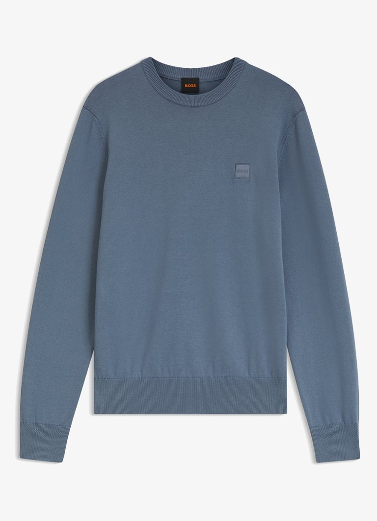 BOSS Heren Gebreide trui van katoen en kasjmier met logolabel in de kleur Medium Blue-424 / Blauw