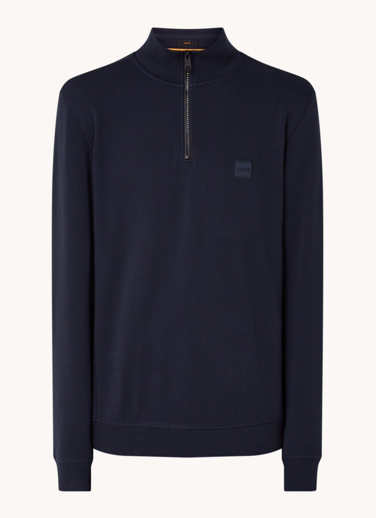 BOSS Heren Zetrust sweater met logo en halve rits in de kleur Dark Blue-404 / Blauw
