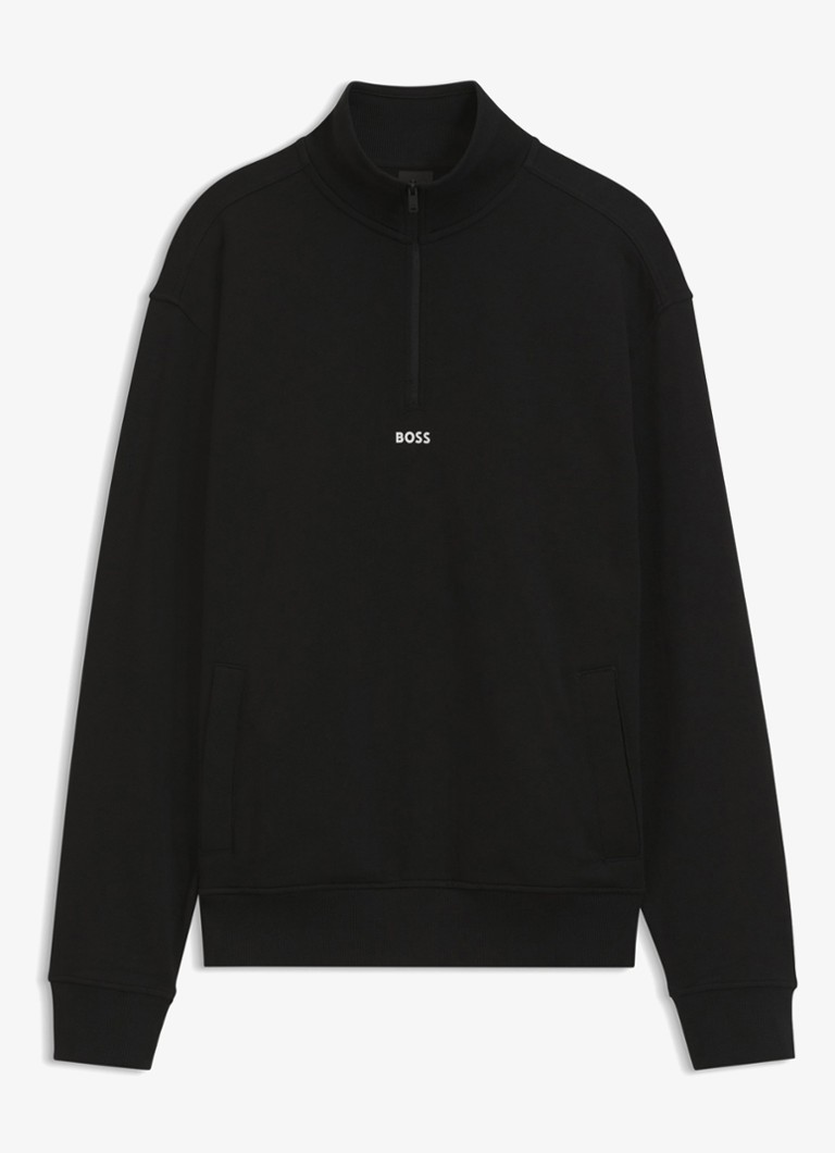 BOSS Heren Fijngebreide sweater met halve rits in de kleur Zwart