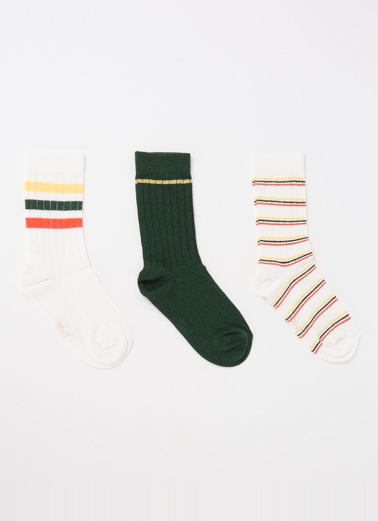 Ewers Jongens Sokken met streepprint in 3-pack in de kleur Legergroen, maat: 27-30