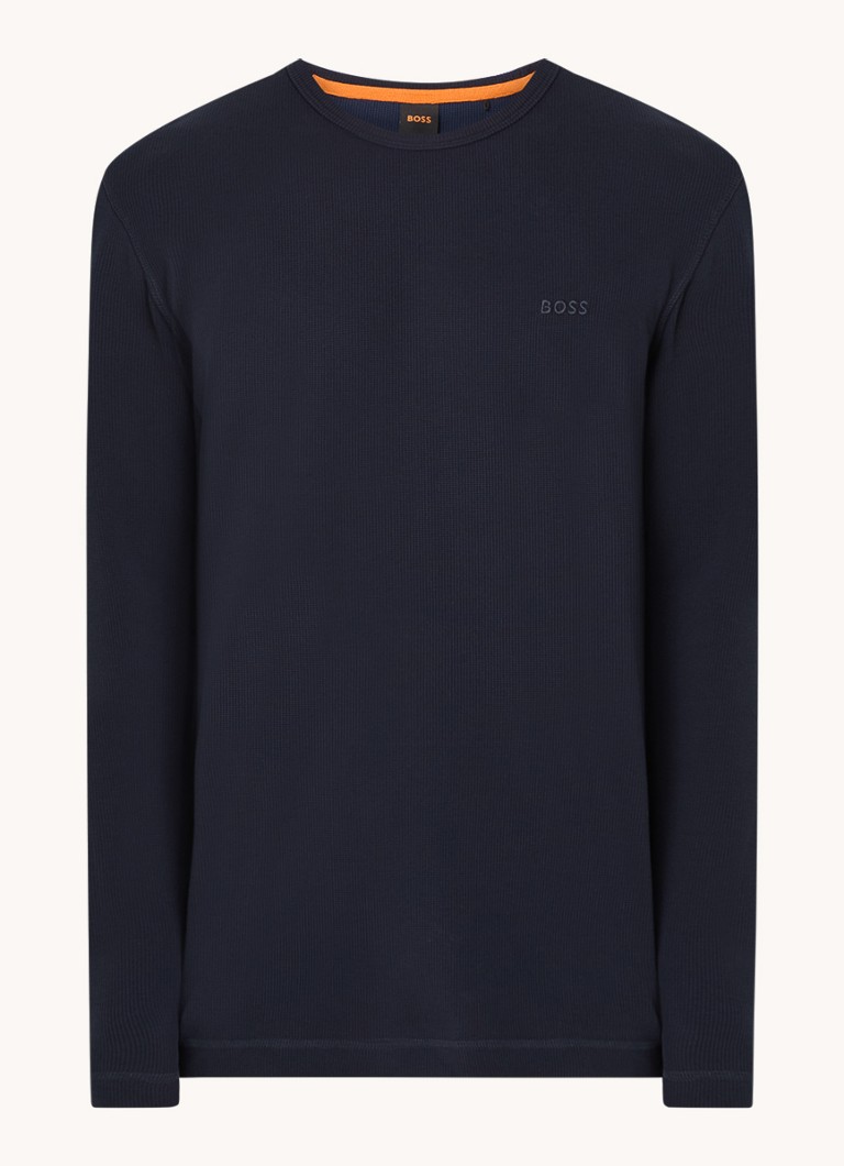 BOSS Heren Tempesto longsleeve met structuur en logo in de kleur Donkerblauw