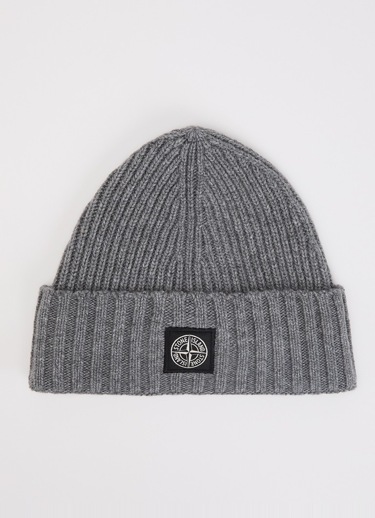 Stone Island Meisjes Ribgebreide muts in scheerwolblend met logo in de kleur Grijsmele, maat: 1
