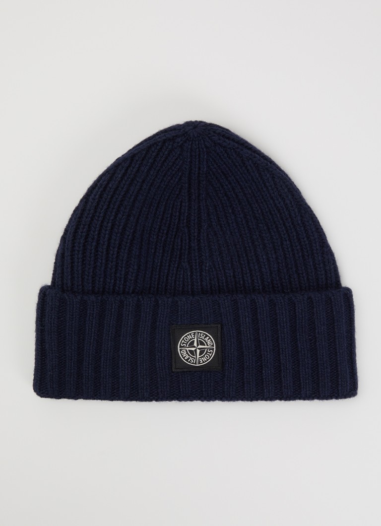 Stone Island Meisjes Ribgebreide muts in scheerwolblend met logo in de kleur Donkerblauw, maat: 1