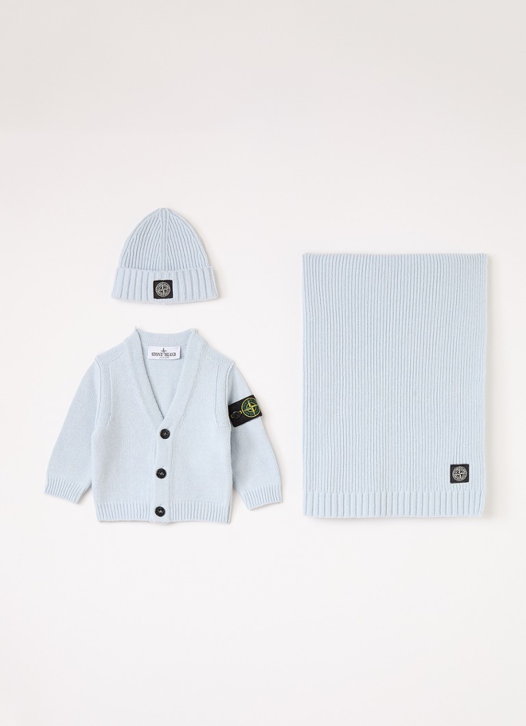 Stone Island Jongens Set van vest met muts en sjaal in giftbox 3-delig in de kleur Lichtblauw, maat: 6/9M=68