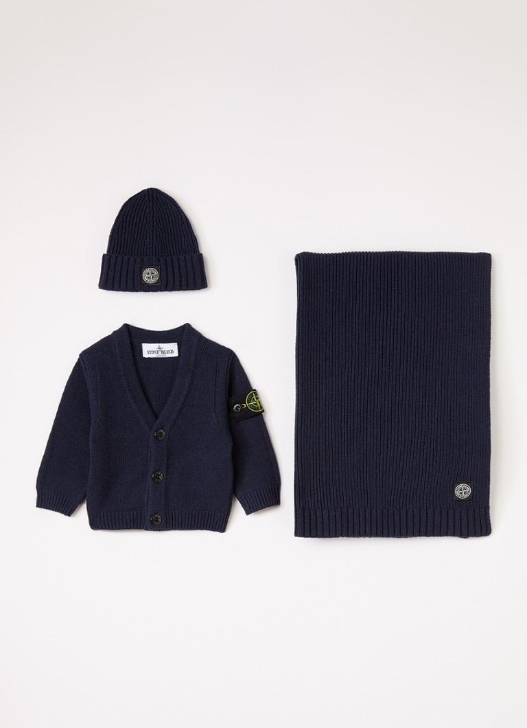 Stone Island Jongens Set van vest met muts en sjaal in giftbox 3-delig in de kleur Donkerblauw, maat: 6/9M=68
