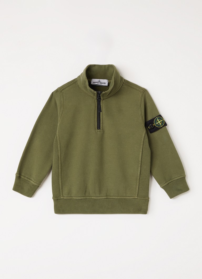 Stone Island Jongens 00005 sweater met logo en halve rits in de kleur Legergroen, maat: 92